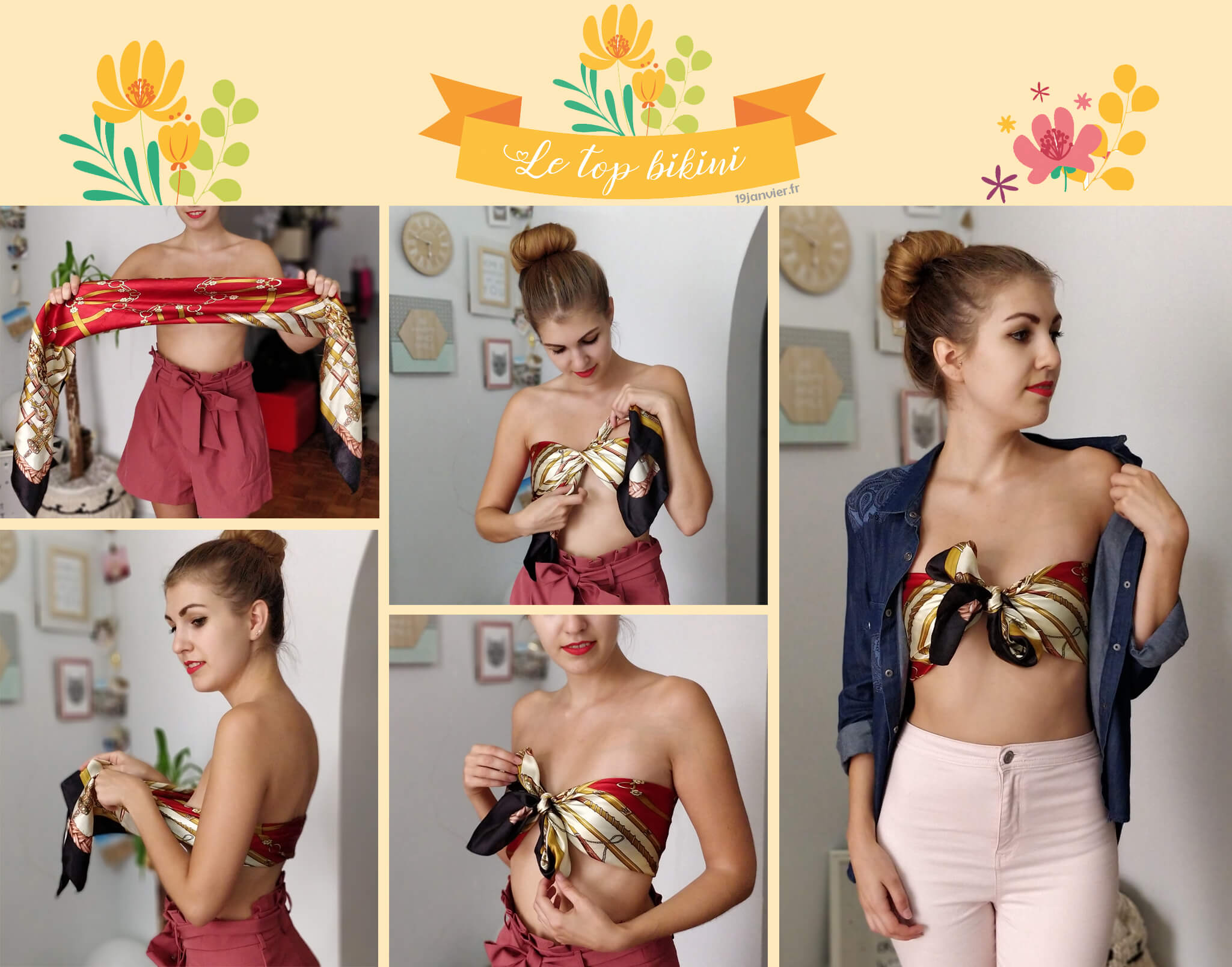 top bikini noeud foulard tutoriel - Que faire avec un carré de soie ?