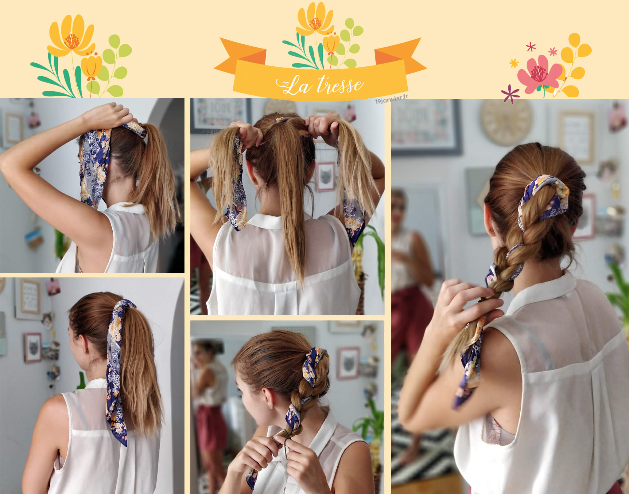 tresse coiffure foulard tutoriel - Que faire avec un carré de soie ?